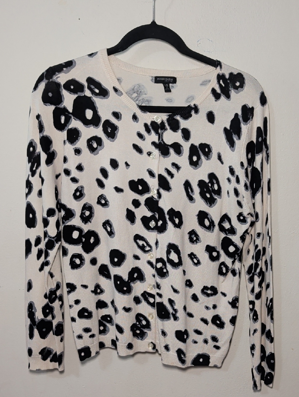 Madison Silk-Blend Cardigan Sweater Cream + Black Animal Print Women's Size SP